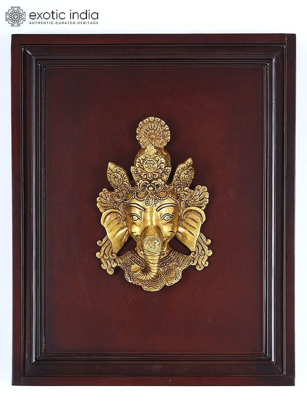 16" Lord Ganesha Mask | Wood Framed Brass Sculpture | Wall Hanging