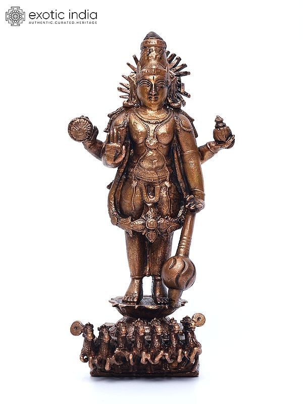 6" Small Standing Sun God Surya with His Seven Horses | Copper Statue