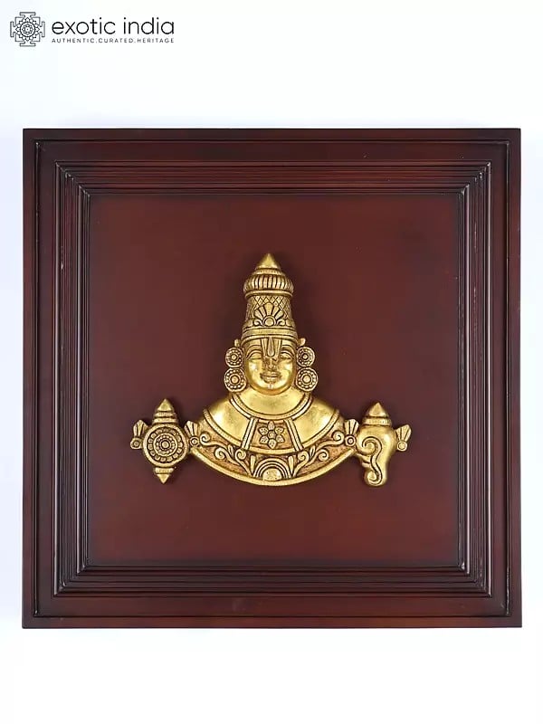 20" Tirupati Balaji (Venkateshvara) Bust with Shankh Chakra | Wood Framed Brass Sculpture | Wall Hanging