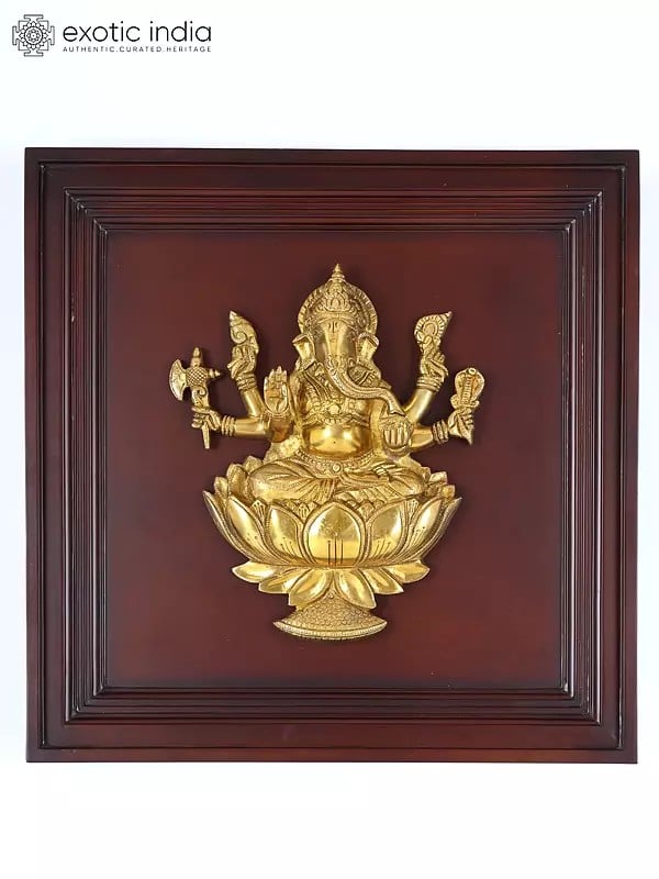 20" Six Armed Lord Ganesha Seated on Lotus | Wood Framed Brass Sculpture | Wall Hanging