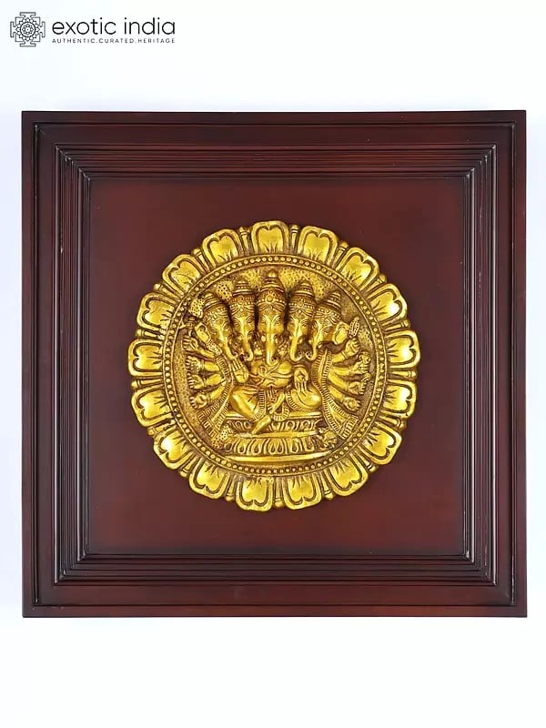 20" Panchamukhi Ganesha | Wood Framed Brass Sculpture | Wall Hanging