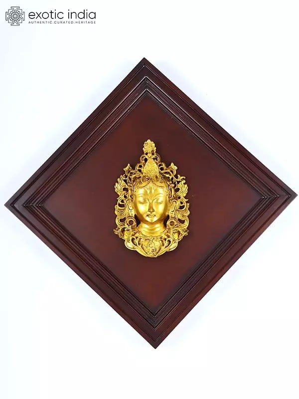 20" Goddess Tara Mask | Wood Framed Brass Sculpture | Wall Hanging