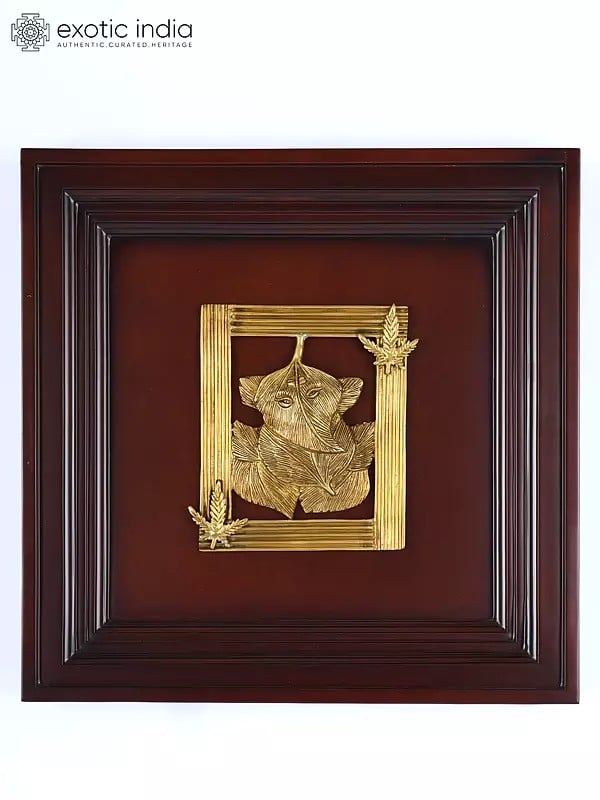 16" Leaf Ganesha | Wood Framed Brass Sculpture | Wall Hanging