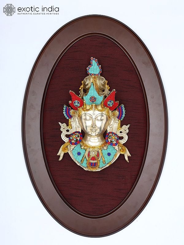 31" Goddess Tara Mask in Brass with Inlay Work | Wood Framed Sculpture | Wall Hanging