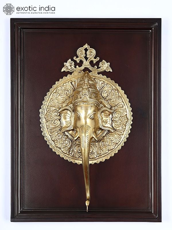 24" Fine Quality Lord Ganesha Face | Hoysala Bronze | Wood Framed Sculpture | Wall Hanging