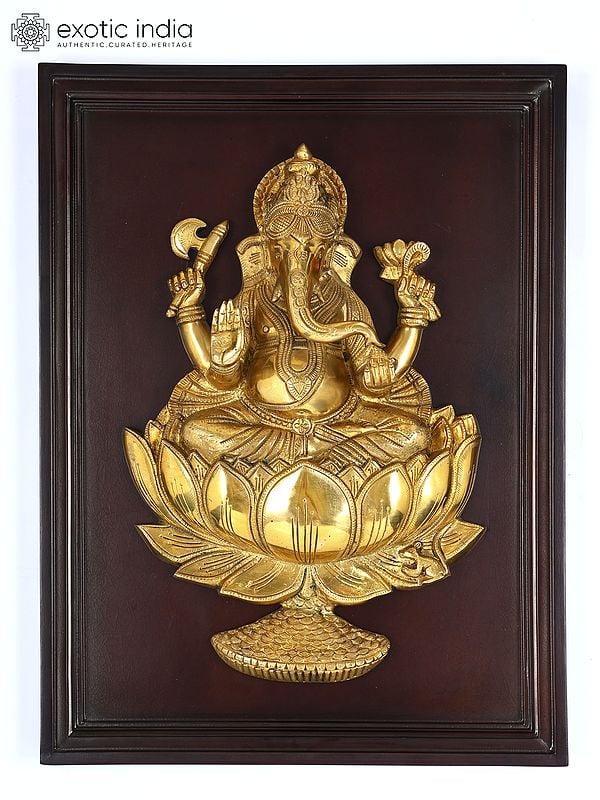 24" Blessing Lord Ganesha on Lotus | Wood Framed Brass Sculpture | Wall Hanging