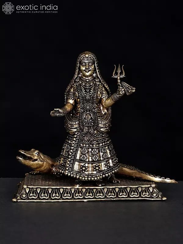 5" Small Superfine Goddess Ganga with Her Vahana Makar | Brass Statue