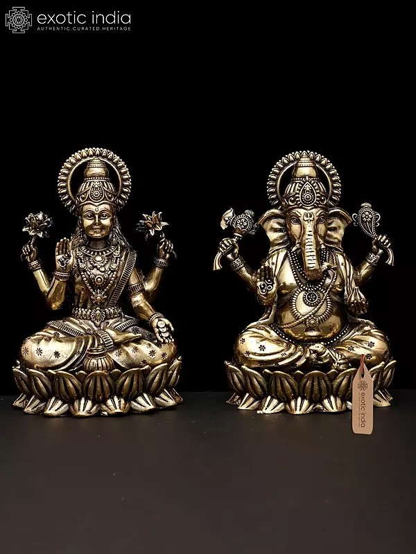 5" Small Superfine Pair of Ganesha Lakshmi Seated on Lotus | Brass Statues