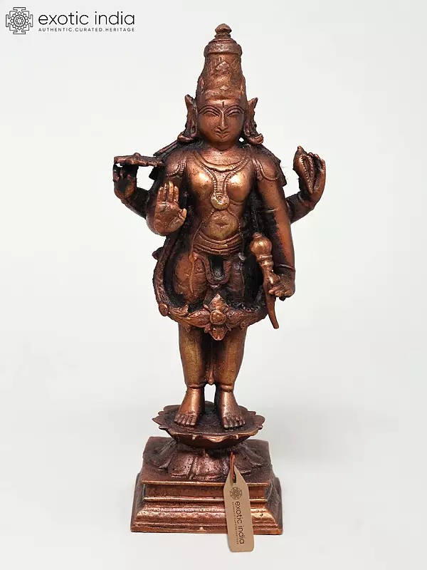 6" Small Standing Lord Vishnu in Blessing Gesture Copper Statue