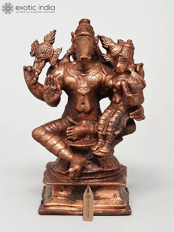 4" Small Sitting Lord Varaha with Goddess Lakshmi | Copper Statue