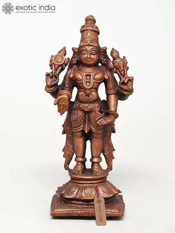 4" Small Standing Lord Vishnu Copper Statue