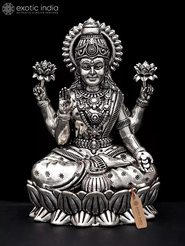 Blessing Goddess Lakshmi Seated on Lotus | Small Silver Plated Brass Statue