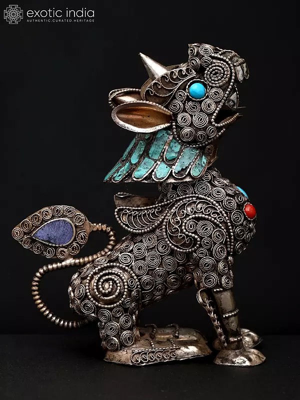4" White Metal Roaring Lion Statue With Inlay Work | Handmade | Decorative Item