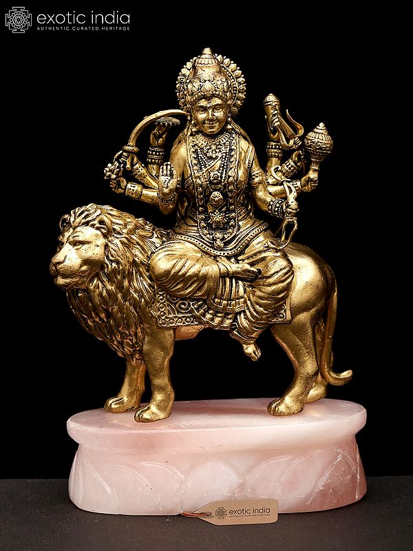 4" Small Goddess Durga (Sherawali Maa) with Rose Quartz Gemstone Base