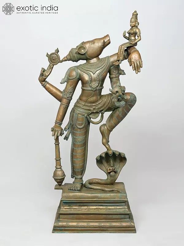 48'' Lord Vishnu as Varaha Avatara with Devi Lakshmi (Lost-Wax) | Panchaloha Bronze from Swamimalai
