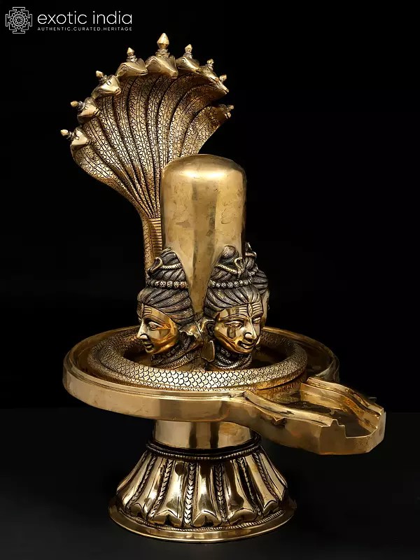 30" Brass Shivalingam with Four Shiva Faces and Protected by Nine Hooded Serpent