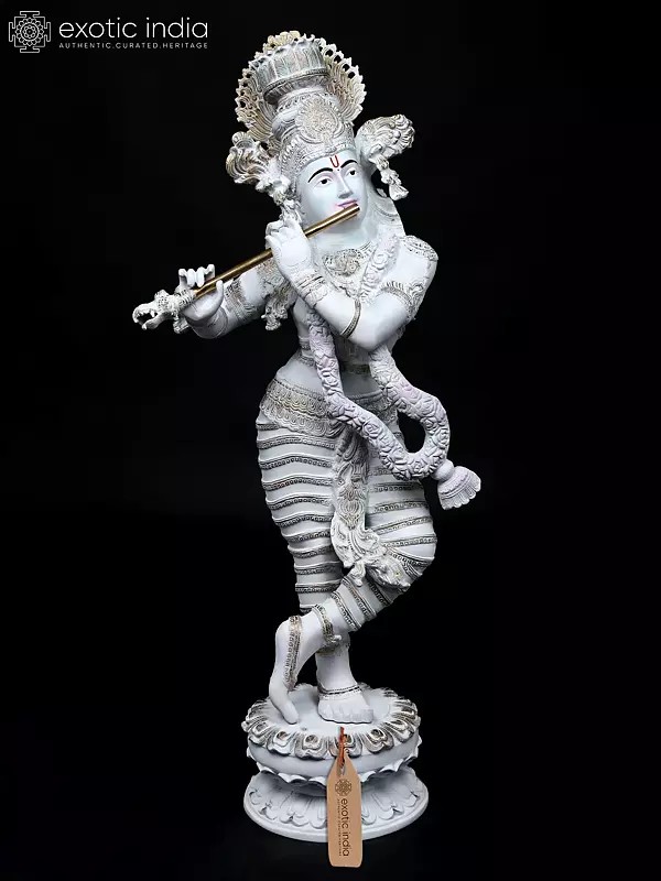 44" Superfine Graceful Lord Krishna Playing Flute | Large Size Hand-Painted Brass Statue