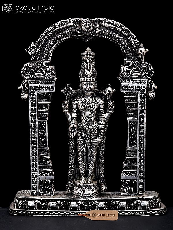 9" Superfine Lord Tirupati Balaji (Venkateshvara) on Kirtimukha Throne | Silver Plated Brass Statue