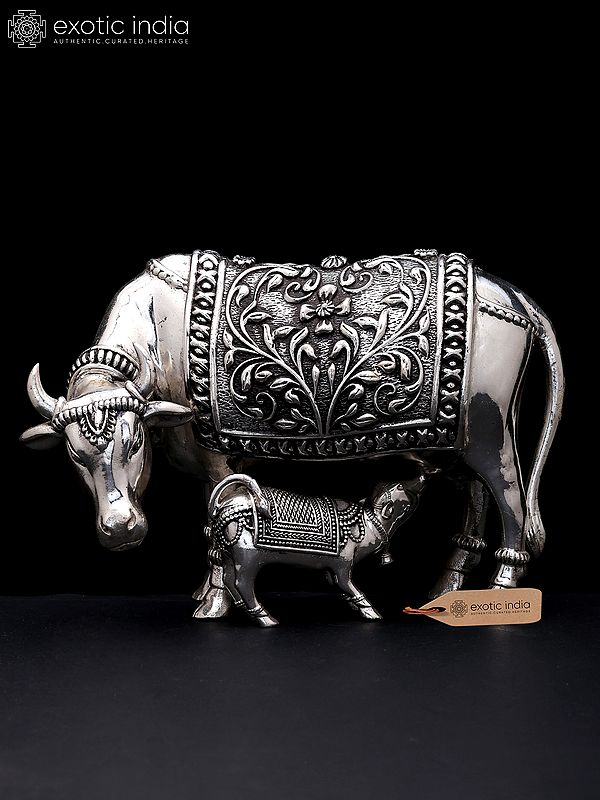 8" Superfine Cow and Calf | Silver Plated Brass Statue