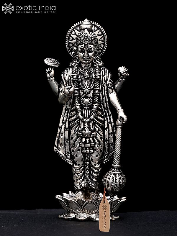 4" Small Superfine Standing Bhagawan Narayan (Vishnu) in Blessing Gesture | Silver Plated Brass Statue