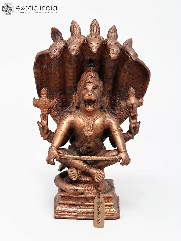 5" Small Lord Narasimha in Yoga Mudra Protected by Sheshnag | Copper Statue