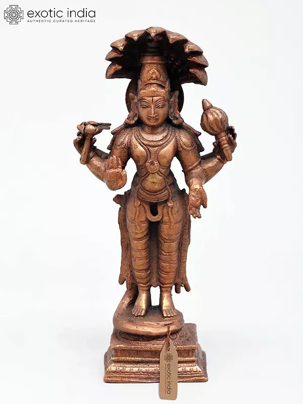 6" Small Four Armed Standing Lord Vishnu | Copper Statue