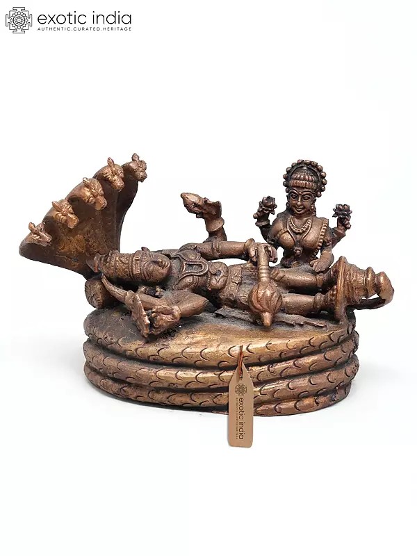 5" Small Shesha-Shayi Lord Vishnu with Devi Lakshmi | Copper Statue