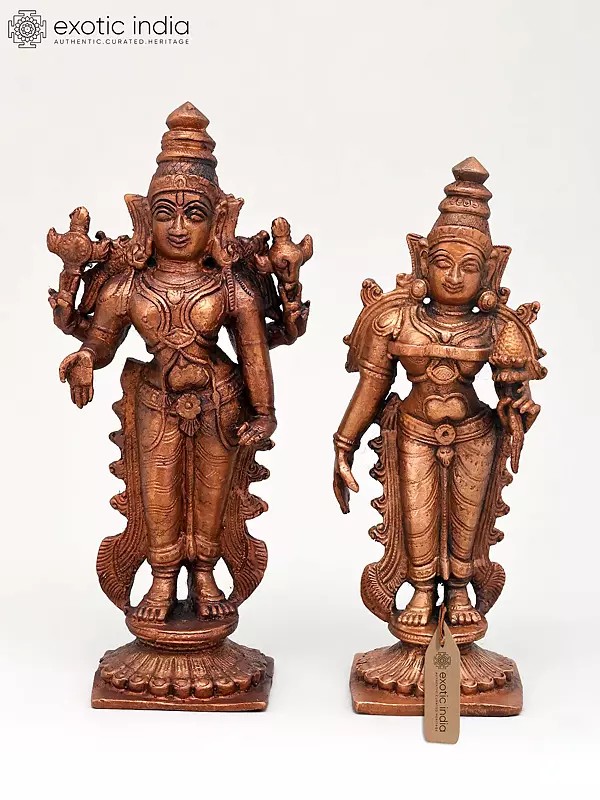 6" Small Standing Vishnu - Lakshmi Pair | Copper Statues