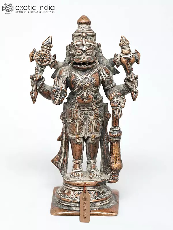 6" Small Standing Lord Narasimha - The Fourth Avatar of Lord Vishnu | Copper Statue with Silver