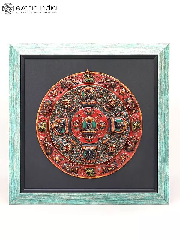24" Handcrafted Tibetan Buddhist Copper Mandala in Turquoise Wood Frame | Wall Hanging