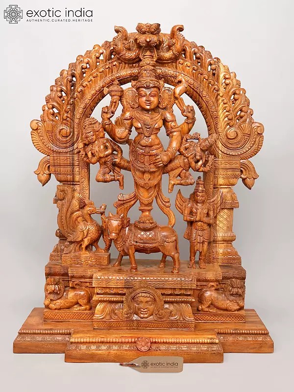 38" Large Ekapada-Trimurti on Cow - Divine Form of Lord Shiva with Lord Brahma and Lord Vishnu | Wood Carving