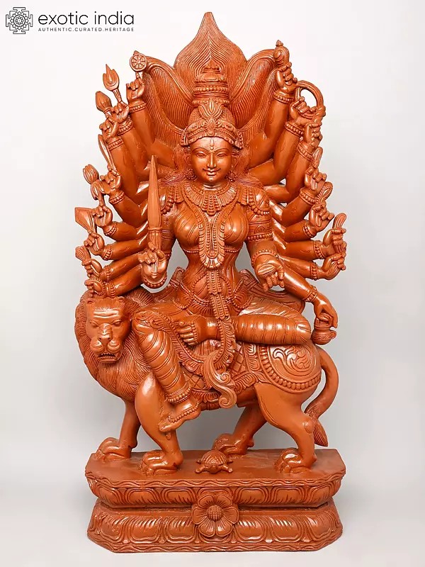 48" Large Eighteen Armed Goddess Durga (Sherawali Maa) | Wood Carving