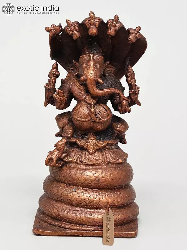 4" Small Lord Ganesha Seated on Five Hooded Serpent | Copper Statue