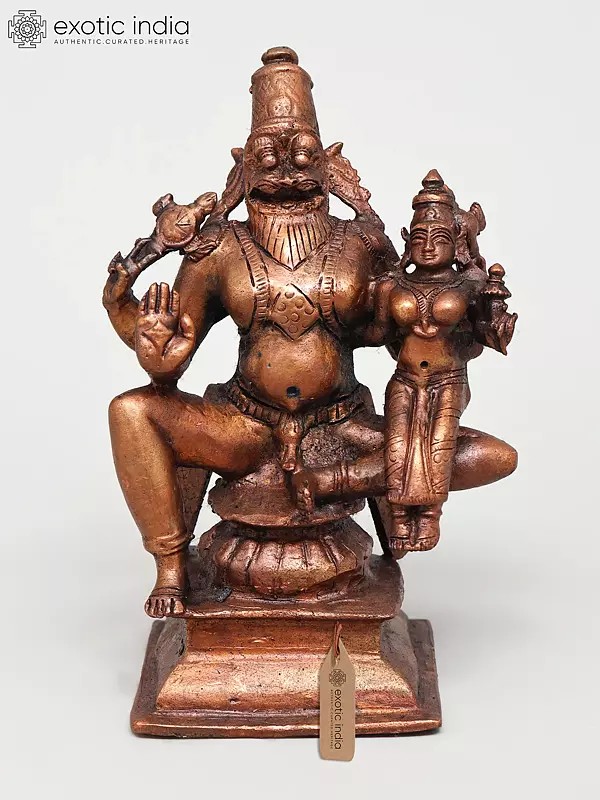 5" Small Blessing Lord Narasimha Seated with Devi Lakshmi | Copper Statue