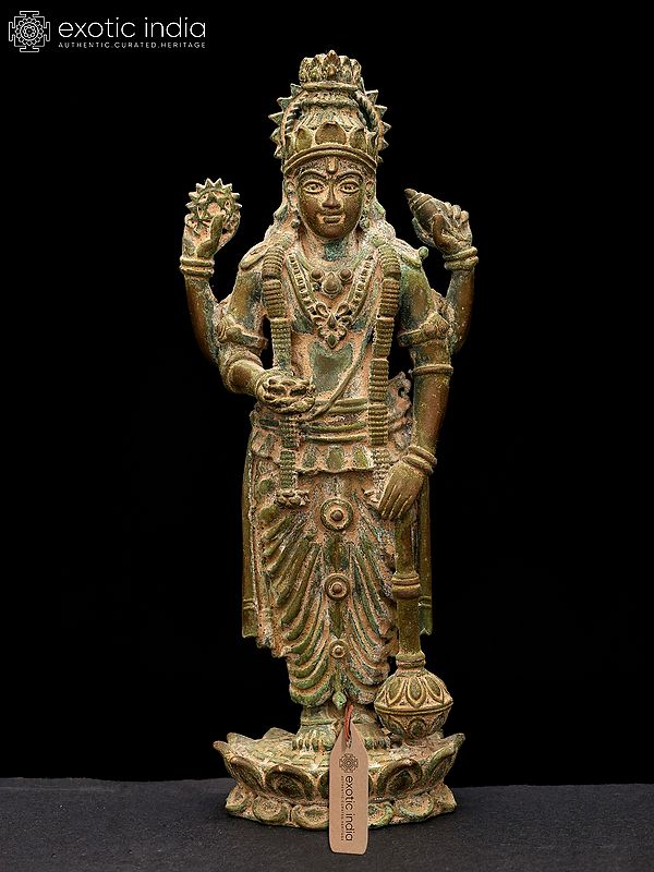 6" Small Four Armed Standing Lord Vishnu | Copper Statue