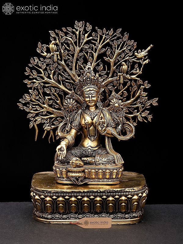 7" Superfine Tibetan Buddhist Goddess Green Tara with Tree as Backdrop | Brass Statue