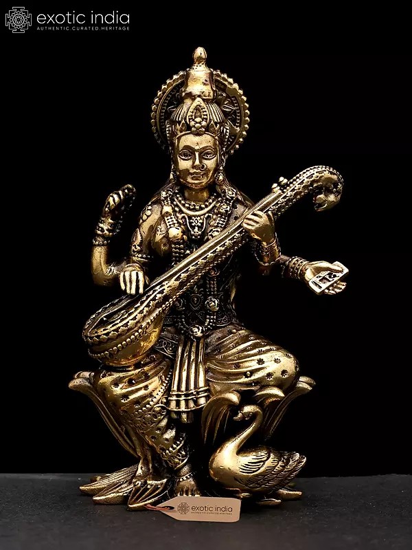 4" Small Superfine Goddess Saraswati Playing Veena | Brass Statue