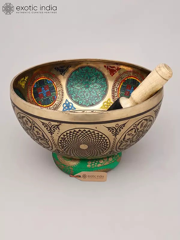 11" Etched Buddha Bronze Singing Bowl with Stick | Handmade | Made in India