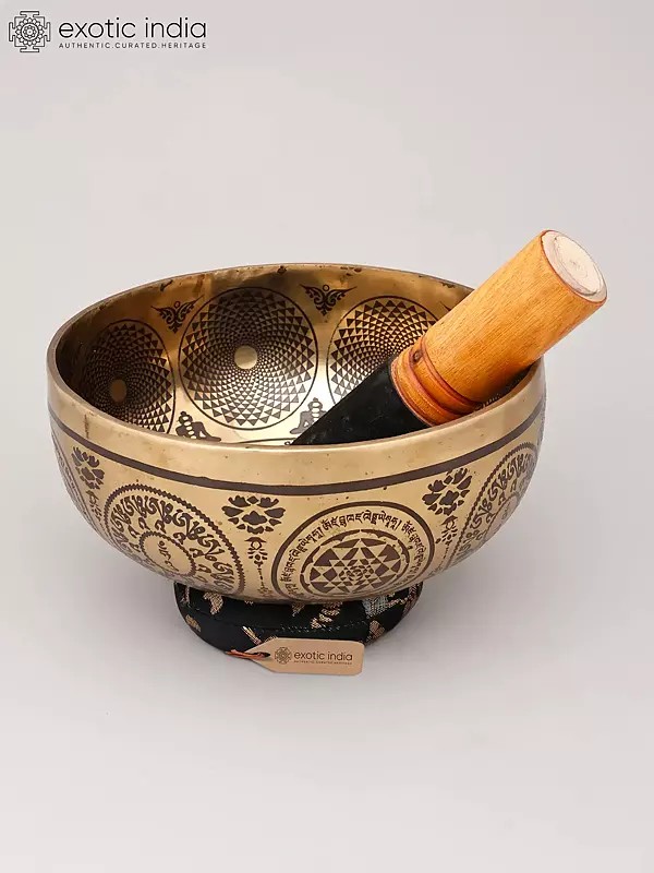 8" Buddhist Bronze Singing Bowl with Auspicious Symbols | Handmade | Made in India