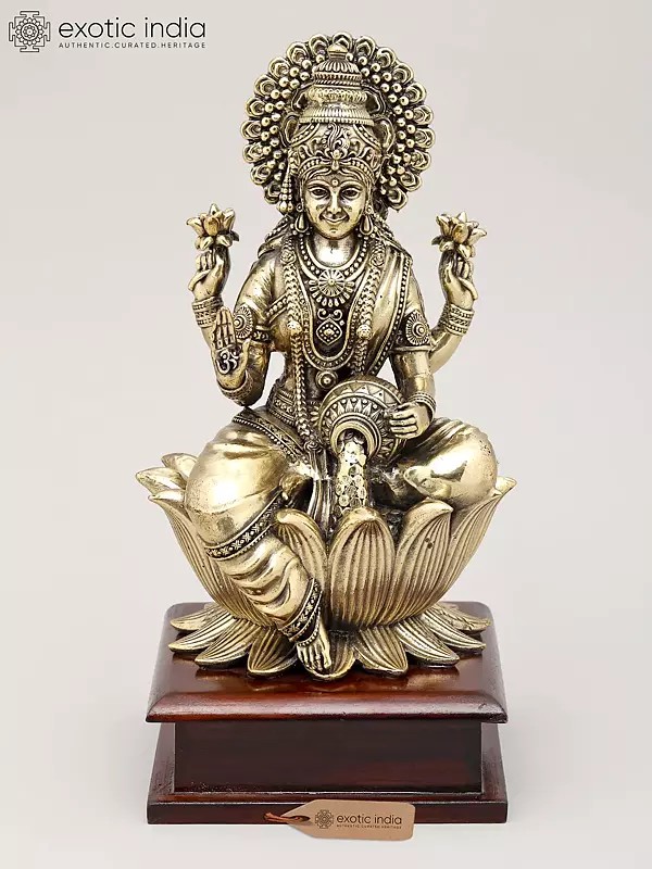 Superfine Goddess Lakshmi Seated on Lotus Flower with Wood Base | Brass Idol | Made in India