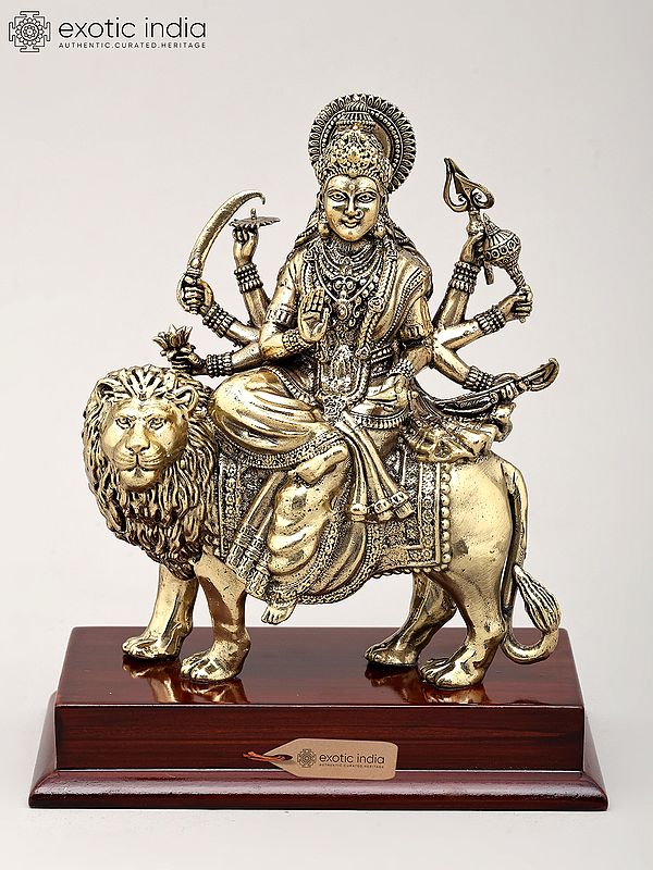 Superfine Ashtabhuja Goddess Durga Seated on Lion with Wood Base | Brass Sculpture | Made in India