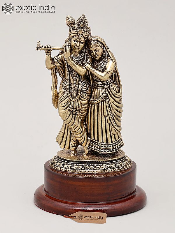 5" Small Superfine Divine Radha and Krishna with Wood Base | Brass Sculpture for Temple