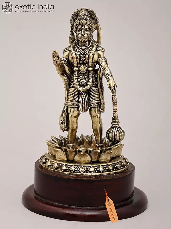 5" Small Superfine Lord Hanuman Standing in Blessing Gesture with Mace and Wood Base | Brass Statue