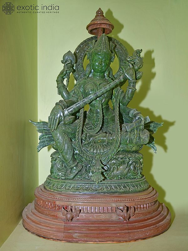 27" Veena Dharini Devi Maa Saraswati | Green Stone Statue | Hand Carved