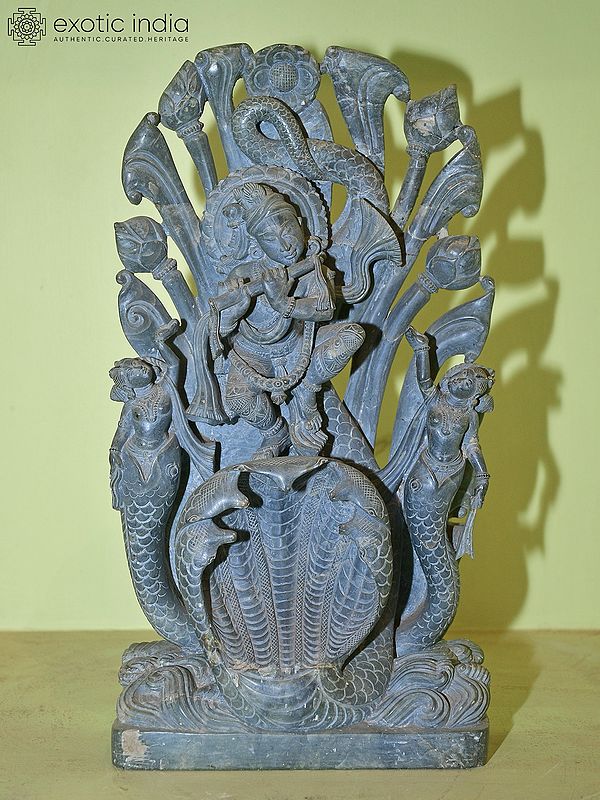 15" Lord Krishna Dancing on Kaliya Naag | Green Stone Statue | Hand Carved