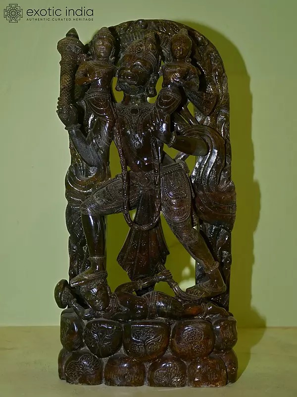 18" Lord Hanuman Carrying Lord Ram and Laxman on His Shoulders | Red Stone Statue | Hand Carved