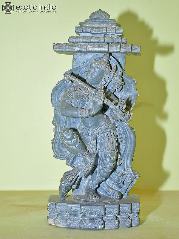 11" Lord Krishna Dancing and Playing Flute | Green Stone Statue | Hand Carved