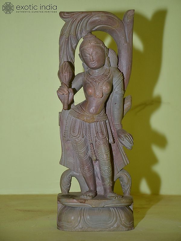 11" Apsara Holding Flower in her Hand | Red Stone Statue | Hand Carved