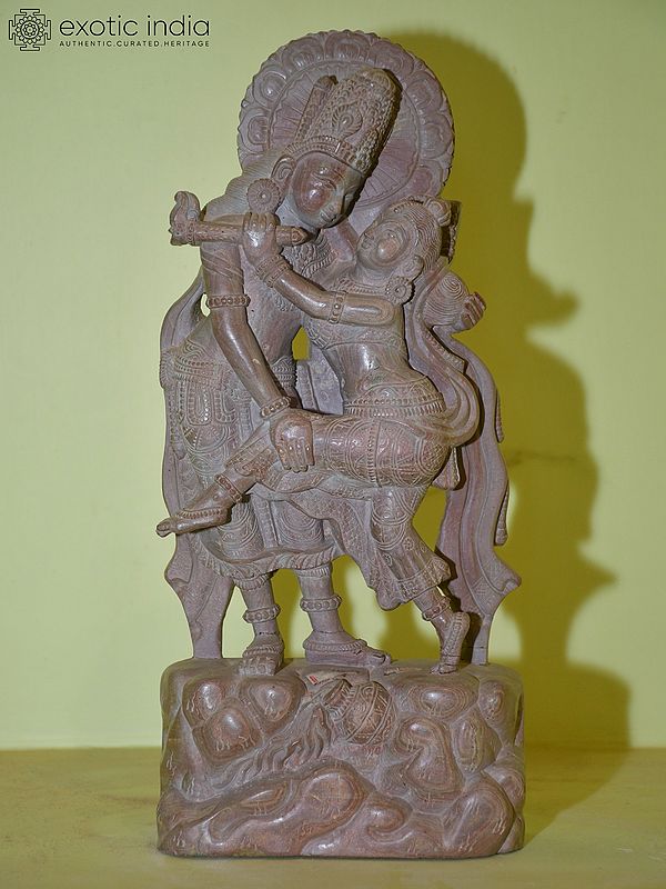 13" Dancing Radha Krishna | Red Stone Statue | Hand Carved
