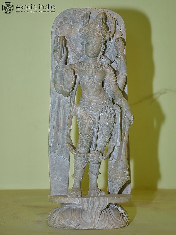 10" Lord Vishnu Holding Mace in his Hand | Red Stone Statue | Hand Carved